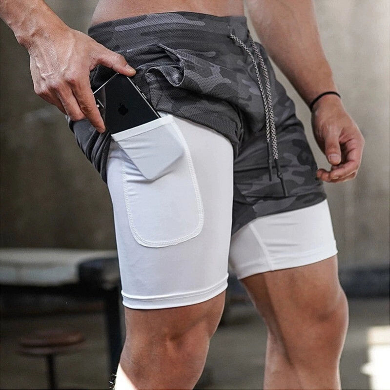 Running Shorts Men's Handphone-Friendly Sports Special Summer Thin Double-Layer Training Breathable Quick-Drying Elastic Capri Pants